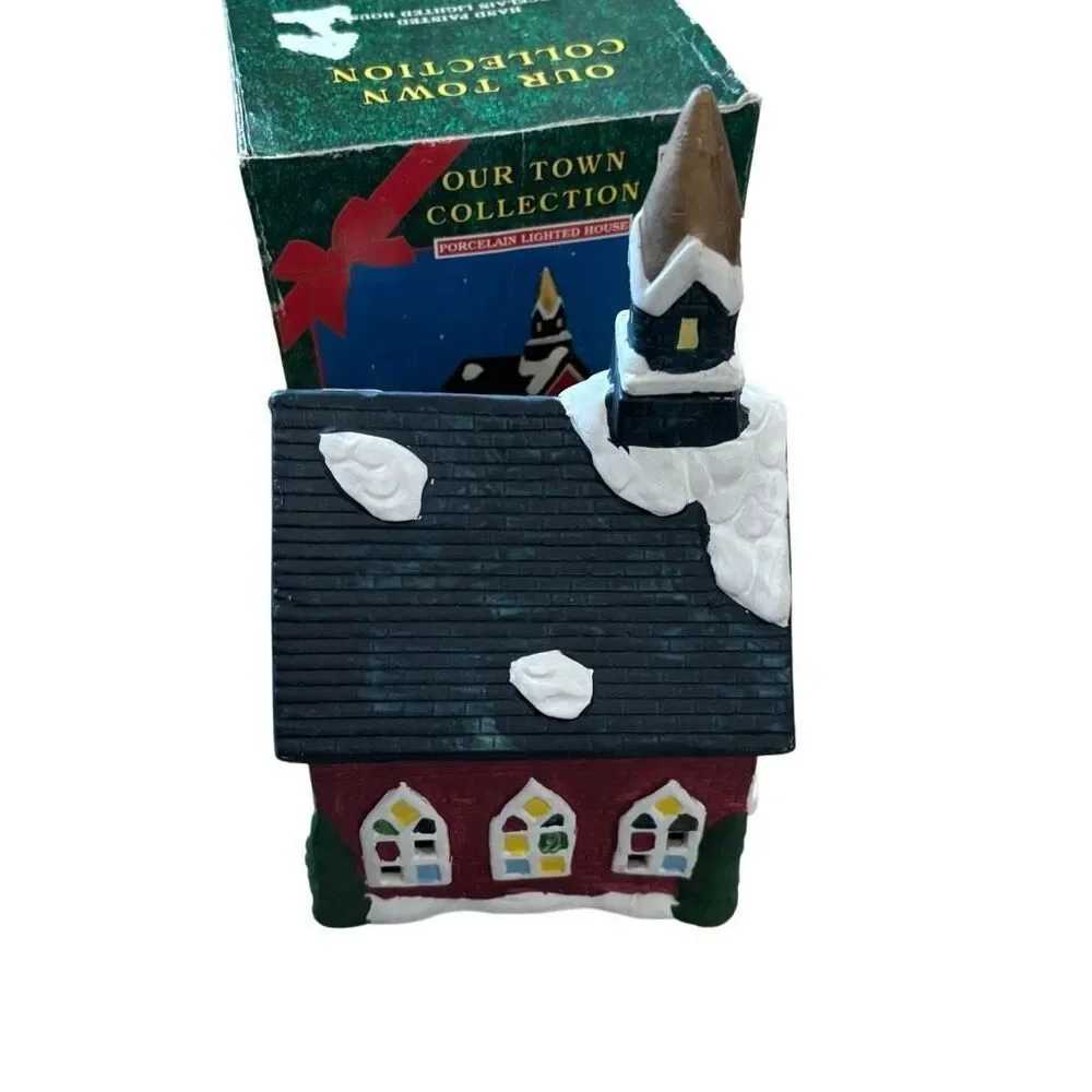 Our Town Collection Vintage Hand Painted Porcelain Lighted House Church -Read-